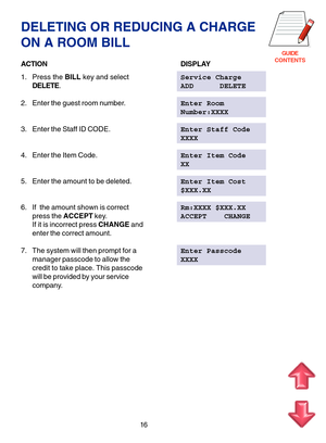 Page 99GUIDE
CONTENTS
DELETING OR REDUCING A CHARGE
ON A ROOM BILL
ACTIONDISPLAY
1. Press the BILL key and selectService Charge
DELETE.ADD      DELETE
2. Enter the guest room number.Enter Room
Number:XXXX
3. Enter the Staff ID CODE.Enter Staff Code
XXXX
4. Enter the Item Code.Enter Item Code
XX
5. Enter the amount to be deleted.Enter Item Cost
$XXX.XX
6. If  the amount shown is correctRm:XXXX $XXX.XX
press the ACCEPT key.ACCEPT    CHANGE
If it is incorrect press CHANGE and
enter the correct amount.
7. The...