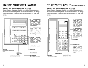Page 78BASIC 12B KEYSET LAYOUTLABELING PROGRAMMABLE KEYSInser t the end of a paper clip into the notch of the clear cover.
Push the cover sideways. Lift the cover and remove the desig-
nation strip. Label the designation strip. Replace the strip and
cover.
9
7B KEYSET LAYOUT 
[RELEASE 3 & 4 ONLY]
LABELING PROGRAMMABLE KEYSInser t the end of a paper clip into the notch of the clear cover.
Push the cover sideways. Lift the cover and remove the desig-
nation strip. Label the designation strip. Replace the strip...