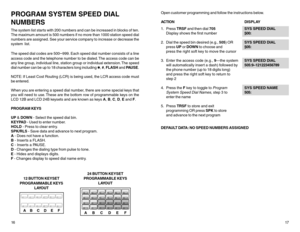 Page 1216PROGRAM SYSTEM SPEED DIAL
NUMBERSThe system list starts with 200 numbers and can be increased in blocks of ten.
The maximum amount is 500 numbers if no more than 1000 station speed dial
numbers are assigned. See your service company to increase or decrease the
system list.
The speed dial codes are 500
–999. Each speed dial number consists of a line
access code and the telephone number to be dialed. The access code can be
any line group, individual line, station group or individual extension. The speed...