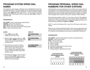 Page 1318PROGRAM SYSTEM SPEED DIAL
NAMESThis program is used to assign a character name or identification for each sys-
tem speed dial location. This name enables you to locate the speed dial number
when you are using the directory dial feature. To verify the system software
version, press TRSF 727. If the version is V1.x, you may assign a name ten
characters long. If the version is V2.x or later, you may assign a name 11
characters long.
PROGRAM KEYS
UP & DOWN - Used to scroll through speed dial bins.
KEYPAD -...