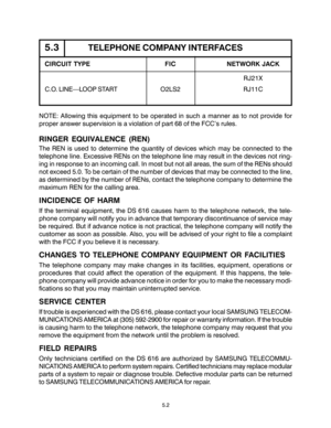 Page 495.3TELEPHONE COMPANY INTERFACES
CIRCUIT TYPE FIC NETWORK JACK
RJ21X
C.O. LINE—LOOP START O2LS2 RJ11C
NOTE: Allowing this equipment to be operated in such a manner as to not provide for
proper answer supervision is a violation of part 68 of the FCC’s rules.
RINGER EQUIVALENCE (REN)
The REN is used to determine the quantity of devices which may be connected to the
telephone line. Excessive RENs on the telephone line may result in the devices not ring-
ing in response to an incoming call. In most but not...