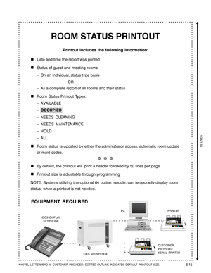 Page 107ROOM STATUS PRINTOUT
Printout includes the following information:

Date and time the report was printed
Status of guest and meeting rooms
–On an individual, status type basis
OR
–As a complete report of all rooms and their status
Room Status Printout Types:
–AVAILABLE
–OCCUPIED
–NEEDS CLEANING
–NEEDS MAINTENANCE
–HOLD
–ALL
Room status is updated by either the administrator access, automatic room update
or maid codes.
❆  ❆  ❆
By default, the printout will  print a header followed by 50 lines per page...