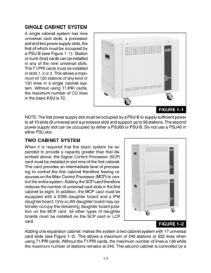 Page 7SINGLE CABINET SYSTEM
A single cabinet system has nine
universal card slots, a processor
slot and two power supply slots, the
first of which must be occupied by
a PSU-B (see Figure 1–1). Station
or trunk (line) cards can be installed
in any of the nine universal slots.
The T1/PRI cards must be installed
in slots 1, 2 or 3. This allows a maxi-
mum of 120 stations of any kind or
120 lines in a single cabinet sys-
tem. Without using T1/PRI cards,
the maximum number of CO lines
in the basic KSU is 72.
NOTE:...