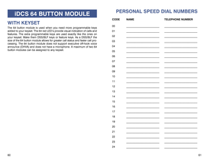Page 34PERSONAL SPEED DIAL NUMBERS
CODE NAME TELEPHONE NUMBER
00 _________________________ _________________________
01 _________________________ _________________________
02 _________________________ _________________________
03 _________________________ _________________________
04 _________________________ _________________________
05 _________________________ _________________________
06 _________________________ _________________________
07 _________________________ _________________________
08...
