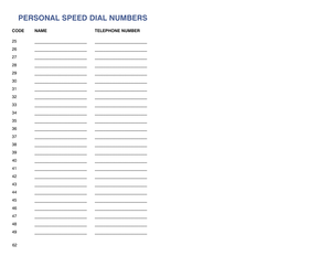 Page 3562
PERSONAL SPEED DIAL NUMBERS
CODE NAME TELEPHONE NUMBER
25 _________________________ _________________________
26 _________________________ _________________________
27 _________________________ _________________________
28 _________________________ _________________________
29 _________________________ _________________________
30 _________________________ _________________________
31 _________________________ _________________________
32 _________________________ _________________________
33...