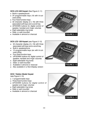 Page 182.8
DCS LCD 24B Keyset (See Figure 2–11)
!Built-in speakerphone
!24 programmable keys (16 with tri-col-
ored LEDs)
!Four fixed function keys
!32 character display (2 x 16) with three
associated soft keys and a scroll key
!UP/DOWN buttons for digital control of
speaker, handset and ringer volumes
!Eight selectable ring tones
!Desk- or wall-mounted
!Available in almond or charcoal
DCS LCD 12B Keyset (see Figure 2–12)
!32 character display (2 x 16) with three
associated soft keys and a scroll key
!Built-in...