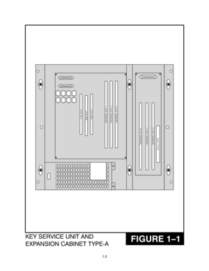 Page 7FIGURE 1–1KEY SERVICE UNIT AND
EXPANSION CABINET TYPE-A
UNIVERSALS
LOT4
UNIVERSALS
LOT5UNIVERSALS
LOT1
UNIVERSALS
LOT2
UNIVERSALS
LOT3
2S
LIS
LOT
MEMS
LOT
MISCS
LOT
SVMi-8/T
EPRI
UNIVERSALS
LOT6
1.3 