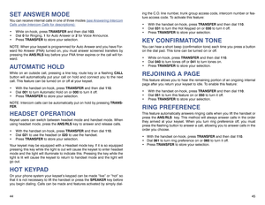 Page 2545 ing the C.O. line number, trunk group access code, intercom number or fea-
ture access code. To activate this feature:
 With the handset on-hook, press TRANSFERand then dial 110.
 Dial 031to turn the Hot Keypad on or 030to turn it off.
 Press TRANSFERto store your selection.
KEY CONFIRMATION TONEYou can hear a short beep (confirmation tone) each time you press a button
on the dial pad. This tone can be turned on or off.
 While on-hook, press TRANSFERand then dial 110.
 Dial 040to turn tones off...