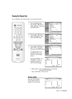 Page 47English - 47
Viewing the Channel Lists
You can display a list of all channels or your favorite channels.
1
Press the MENU button.
Press the …or †button to
select “Channel”, then press
the ENTER button.
2
Press the …or †button to
select “Channel List”, then
press the ENTER button.
3
Press the …or †button to
select “All” or “Favorite”,
then press the ENTER button.
To toggle between your
favorite channels or all 
channels, use the Yellow 
button. 
Press the CH/PAGE  or
CH/PAGE button to 
display the...