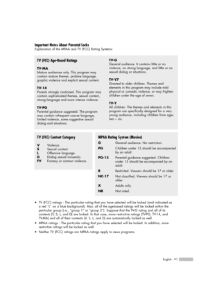 Page 91English - 91
Important Notes About Parental Locks
Explanation of the MPAA and TV (FCC) Rating Systems:
TV (FCC) Age-Based Ratings
TV-MA
Mature audiences only. This program may  
contain mature themes, profane language,
graphic violence and explicit sexual content.
TV-14
Parents strongly cautioned. This program may
contain sophisticated themes, sexual content,
strong language and more intense violence.
TV-PG
Parental guidance suggested. The program
may contain infrequent coarse language,
limited violence,...