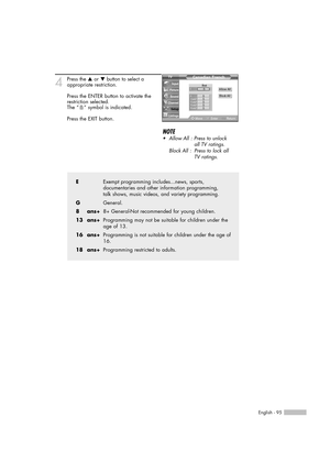 Page 95English - 95
4Press the …or †button to select a
appropriate restriction.
Press the ENTER button to activate the
restriction selected.
The “ ” symbol is indicated.
Press the EXIT button.
EExempt programming includes...news, sports, 
documentaries and other information programming, 
talk shows, music videos, and variety programming.
GGeneral.
8ans+8+ General-Not recommended for young children.
13 ans+Programming may not be suitable for children under the
age of 13.
16 ans+Programming is not suitable for...