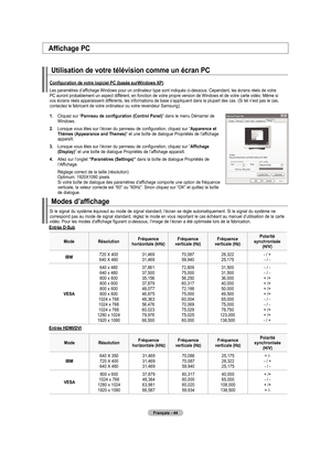 Page 136
Français - 44
Utilisation de votre télévision comme un écran PC
Configuration de votre logiciel PC (basée surWindows XP)
Les paramètres d’affichage Windows pour un ordinateur type sont indiqués ci-dessous. Cependant, les écrans réels de votre PC auront probablement un aspect différent, en fonction de votre propre version de Windows et de votre carte vidéo. Même si vos écrans réels apparaissent différents, les informations de base s’appliquent dans la plupart des cas. (Si tel n’est pas le cas, contactez...