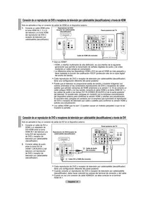 Page 190
Español - 
Conexión de un reproductor de DVD o receptores de televisión por cable/satélite (decodificadores) a través de HDMI
Solo es aplicable si hay un conector de salida de HDMI en el dispositivo externo.
.   
Conecte un cable HDMI entre 
la toma HDMI IN (1, 2 o 3) del televisor y la toma HDMI del reproductor de DVD o receptor de televisión por cable/satélite (decodificador).
reproductor de dVd/ receptor de cable/satélite (decodificador) Panel posterior del tV
Cable de HdmI (no incluido)...