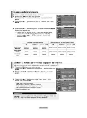 Page 218
Español - 
Selección del silencio interno
.  
Pulse el botón  mEnU para ver el menú en pantalla. 
Pulse	 los	botón	 ▲	o	▼	 para	 seleccionar	 “Sonido”	y,	después,	 pulse	el	botón	
EntEr
.
.  	
Pulse	 los	botón	 ▲	o	▼	 para	 seleccionar	 “Silenc.	Int”	y,	después,	 pulse	el	botón	
EntEr
.
.  	
Pulse	 los	botón	 ▲	o	▼	 para	 seleccionar	 “Enc.”	y,	después,	 pulse	el	botón	 EntEr
.
    Pulse el botón  ExIt
 para salir.
     
Cuando “Silenc. Int” se ajusta en “Enc.”, el único menú de...