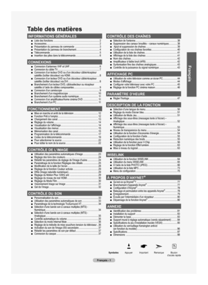 Page 93
Français - 1
Table des matières
SymbolesAppuyerImportantRemarqueBouton d’accès rapide
INFORMATIONS GÉNÉRALES
Liste des fonctions  ........................................................................\
..2Accessoires  ........................................................................\
.............2Présentation du panneau de commande   .......................................3Présentation du panneau de branchement  .....................................4Télécommande...