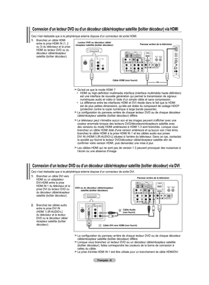 Page 100
Français - 8
Connexion d’un lecteur DVD ou d’un décodeur câble/récepte\
ur satellite (boîtier décodeur) via hDMI
Ceci n’est réalisable que si le périphérique externe dispose\
 d’un connecteur de sortie HDMI.
1.   
Branchez un câble HDMI entre la prise HDMI IN (1, 2 ou 3) du téléviseur et la prise HDMI du lecteur DVD ou du décodeur câble/récepteur satellite (boîtier décodeur).
Lecteur DVD ou décodeur câble/ récepteur satellite (boîtier décodeur)Pannear arrière de la télévision
Câble hDMI (non fourni)...