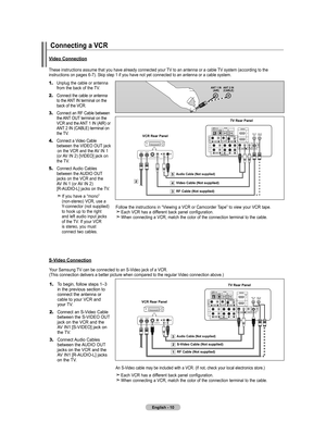 Page 12
English - 10
Connecting a VCR
These instructions assume that you have already connected your TV to an antenna or a cable TV system (according to the instructions on pages 6-7). Skip step 1 if you have not yet connected t\
o an antenna or a cable system. 
1.	Unplug the cable or antenna  
    from the back of the TV.
2.	Connect the cable or antenna 
    to the ANT IN terminal on the 
    back of the VCR.
3.	Connect an RF Cable between   
    the ANT OUT terminal on the     
    VCR and the ANT 1 IN (AIR)...