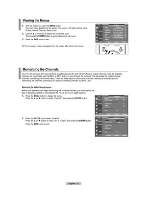 Page 17
English - 1
Viewing the Menus
1.	With the power on, press the MENU button. 
    The main menu appears on the screen. The menu’ s left side has five icons: 
    Picture, Sound, Channel, Setup, Input.
2.	Use the ▲ or ▼ button to select one of the five icons.  
    Then press the ENTER button to access the icon’s sub-menu.
3.	Press the  ExIT button to exit.
 The on-screen menus disappear from the screen after about one minute.
Memorizing the Channels
Your TV can memorize and store all of the available...