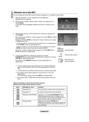 Page 167
Français - 7
1.   
Effectuez les étapes 1 à 3 de “l’utilisation du menu WISELINK”.  (Reportez-vous à la page 65)
2.   
Appuyez sur la touche
◄ ou ►pour passer à “Music”, puis appuyez sur la touche ENTER. L’information fichier sauvegardée s’affiche sous forme d’un dossier ou d’un fichier.
.   Appuyez sur la touche ▲ ou ▼ pour sélectionner un fichier, puis appuyez sur la touche ENTER.
      Pour choisir tous les fichiers ou un fichier, appuyez sur la touche 
INFO pour afficher les menus Musique....