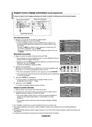 Page 178Français - 84
Lorsque le support mural à réglage automatique est installé, la position du téléviseur peut être facilement ajustée.
Support mural à réglage automatique (vendu séparément)
Panneau arrière du téléviseurSupport mural automatique
Câble EX-LINK (non fourni)
Pour entrer dans le menu
1.    Appuyez sur la touche ▲, ▼, ◄ ou ► de la télécommande.
	 
L’écran de réglage du support mural s’affiche.
	
  
Si l’écran de réglage du support mural ne s’affiche lorsqu’on clique sur une 
touche de direction...