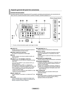 Page 190
Español - 
aspecto general del panel de conexiones
Conectores del panel posterior
Se pueden usar para conectar componentes de A/V que estarán conectados permanentemente, como reproductores de vídeo o de DVD. Si precisa información sobre la conexión de equ\
ipos, consulte las páginas 6 a 11.
1	aUdIO OUt 
    Permite conectar las tomas de la entrada de audio del 
amplificador/sistema de Home Cinema.
2 dIGItal  aUdIO OUt (OPtICal)  
  Se conecta al componente de audio digital.
3 PC In 
    Permite...