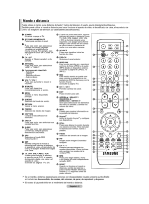 Page 191
Español - 
mando a distancia 
Puede utilizar el mando a una distancia de hasta 7 metros del televisor. Al usarlo, apunte directamente al televisor.  
También	puede	utilizar	el	mando	a	distancia	para	hacer	funcionar	el	aparato	de	vídeo,	el	decodificador	de	cable,	el	reproductor	de	
DVD	o	los	receptores	de	televisión	por	cable/satélite	(decodificadores).
    Es un mando a distancia especial para personas con discapacidades visuales; presenta puntos Braille en los botones de encendido, de canales, del...