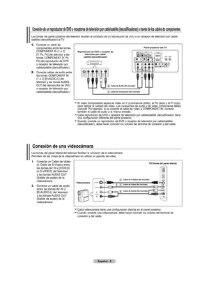 Page 195
Español - 
Las tomas del panel posterior del televisor facilitan la conexión de \
un reproductor de DVD o un receptor de televisión por cable/ 
satélite	(decodificador)	al	 TV.
1.		Conecte un cable de componentes entre las tomas COMPONENT IN (1 o 2)  [Y, PB, PR] del televisor y las tomas COMPONENT [Y, PB, PR] del reproductor de DVD o receptor de televisión por cable/satélite (decodificador).
2.		Conecte cables de audio entre las tomas COMPONENT IN  (1 o 2) [R-AUDIO-L] del televisor y las tomas...