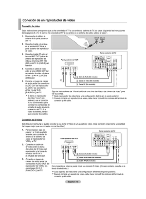 Page 196
Español - 0
Conexión de un reproductor de vídeo
Estas instrucciones presuponen que ya ha conectado el TV a una antena o sistema de TV por cable (siguiendo las instrucciones de las páginas 6 a 7). Si aún no ha conectado el TV a una antena o un sistema de cable, sáltese el paso 1. 
.   
Desconecte el cable o la 
antena de la parte posterior del TV.
.   
Conecte el cable o la antena 
en el terminal ANT IN de la parte posterior del reproductor de vídeo.
.   
Conecte el cable RF entre el...