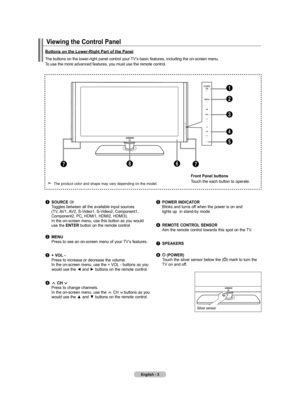 Page 5
English - 
Viewing the Control Panel 
1
2
3
4
5
8776
buttons on the Lower-Right Part of the Panel
The buttons on the lower-right panel control your TV’s basic features, including the on-screen menu.  To use the more advanced features, you must use the remote control.
 The product color and shape may vary depending on the model.
1 SOURCE  
  Toggles between all the available input sources 
  (TV, AV1, AV2, S-Video1, S-Video2, Component1,  
  Component2, PC, HDMI1, HDMI2, HDMI3).  
  In the on-screen...