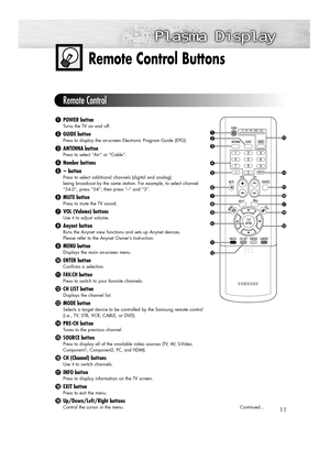 Page 1111
Remote Control Buttons
ŒPOWER button
Turns the TV on and off.
´GUIDE button
Press to display the on-screen Electronic Program Guide (EPG).
ˇANTENNA button
Press to select “Air” or “Cable”.
¨Number buttons
ˆ
-button
Press to select additional channels (digital and analog)
being broadcast by the same station. For example, to select channel
“54-3”, press “54”, then press “
-” and “3”.
ØMUTE button
Press to mute the TV sound.
∏VOL (Volume) buttons
Use it to adjust volume.
”Anynet button
Runs the Anynet...