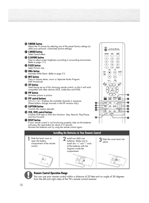 Page 12¿P.MODE buttonAdjust the TV picture by selecting one of the preset factory settings (or
select your personal, customized picture settings).
¸S.MODE buttonSelect Sound effect.
˛E.SAVING buttonPress to adjust screen brightness according to surrounding environment.
(Refer to page 111)
◊P.SIZE buttonSelect Picture size.
±DNIe buttonActivates DNIe Demo. (Refer to page 51)
≠MTS buttonPress to choose stereo, mono or Separate Audio Program 
(SAP broadcast).
–SET buttonUsed during set up of this Samsung remote...