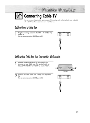 Page 2121
Connecting Cable TV
You can connect different cable systems to your TV, including cable without a Cable box, and cable
with a Cable box that descrambles some or all channels.
Cable without a Cable Box
1
Plug the incoming cable into the ANT 1 IN (CABLE IN)
on the TV.
Use an antenna cable. (Sold Separately) 
Cable with a Cable Box that Descrambles All Channels
1
Find the cable connected to the ANTENNA OUT 
terminal on your Cable box. This terminal might be 
labeled “ANT OUT”, “VHF OUT” or simply “OUT”....