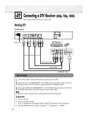 Page 26Connecting a DTV Receiver (480p, 720p, 1080i)
This TV displays the optimum picture in 720p mode.
26
Watching DTV
Connect the cable or antenna to the antenna input jack on the DTV.
Connect the Y, P
B, PR(COMPONENT1, 2) or HDMI input jack on the TV to the Y, PB, PRor 
DVI output jacks on the DTV receiver using a component or HDMI/DVI cable.
Connect the AUDIO L/R (COMPONENT1, 2 or DVI AUDIO IN) input jacks on the TV with 
the AUDIO output jacks on the DTV receiver using an audio cable.
Note
•Please be sure...