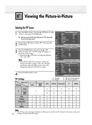 Page 5454
Viewing the Picture-in-Picture
Selecting the PIP Screen
1
Press the MENU button. Press the ▲or ▼button to select
“Picture”, then press the ENTER button. 
2
Press the ▲or ▼button to select “PIP”, then press the
ENTER button. 
3
Press the ENTER button, then press the ▲or ▼
button to select “On”. The PIP image will appear in 
the corner of the screen.
•Pressing the ▲or ▼button will alternate between 
“On” and “Off”.
Note
•If the PIP On/Off will not function, check if the 
V-Chip Lock (refer to page 116)...