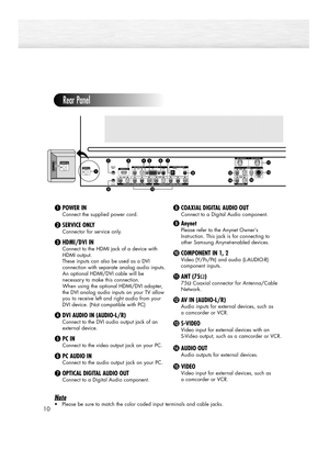 Page 1010
Rear Panel
ŒPOWER IN
Connect the supplied power cord.
´SERVICE ONLY
Connector for service only.
ˇHDMI/DVI IN
Connect to the HDMI jack of a device with
HDMI output.
These inputs can also be used as a DVI
connection with separate analog audio inputs.
An optional HDMI/DVI cable will be
necessary to make this connection.
When using the optional HDMI/DVI adapter,
the DVI analog audio inputs on your TV allow
you to receive left and right audio from your
DVI device. (Not compatible with PC)
¨DVI AUDIO IN...