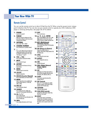 Page 16Remote Control
You can use the remote control up to about 23 feet from the TV. When using the remote control, always
point it directly at the TV. You can also use your remote control to operate your VCR, Cable box, DVD
player or Samsung Set-Top Box. See pages 38~39 for details. 
Your New Wide TV
English - 16
1. POWERTurns the TV on and off.
2. P.MODEAdjust the TV picture by selecting one of the
preset factory settings (or select your personal,
customized picture settings.)
3. ANTENNAPress to select “AIR”...