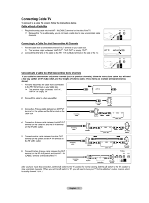 Page 11
English - 11

Connecting Cable TV
To connect to a cable TV system, follow the instructions below.
Cable without a Cable Box
1  Plug the incoming cable into the ANT 1 IN (CABLE) terminal on the side of the TV.
➢ Because this TV is cable-ready, you do not need a cable box to view unscrambled cable channels.
Connecting to a Cable Box that Descrambles All Channels
1  Find the cable that is connected to the ANT OUT terminal on your cable box.
➢ This terminal might be labeled “ANT OUT”, “VHF OUT” or simply,...