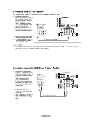 Page 15
English - 15

Connecting a Digital Audio System
The side panel jacks on your TV make it easy to connect a Digital Audio System to your TV.
1  Connect an Optical Cable between the DIGITAL AUDIO OUT 
(OPTICAL) jack on the TV and 
the Digital Audio Input jack on the 
Digital Audio System. 
 When a Digital Audio System is 
connected to the DIGITAL AUDIO 
OUT (OPTICAL) terminal: 
 
Decrease the volume of the TV, 
and adjust the volume level with 
the audio system’s volume control.
➢ Each Digital Audio System...