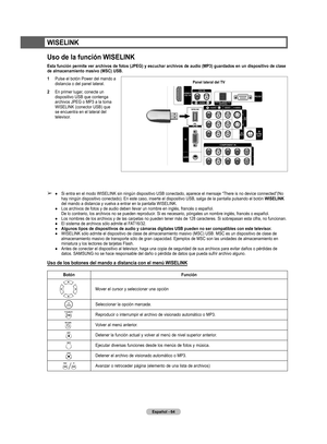 Page 147
Español - 64

➢  ●  Si entra en el modo WISELINK sin ningún dispositivo USB conectado, aparece el mensaje “There is no device connected”(No hay ningún dispositivo conectado). En este caso, inserte el dispositivo USB, salga de la pantalla pulsando el botón WISELINK del mando a distancia y vuelva a entrar en la pantalla WISELINK.
  ●  Los archivos de fotos y de audio deben llevar un nombre en inglés, francés o español.  
De lo contrario, los archivos no se pueden reproducir. Si es necesario, póngales un...