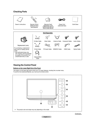 Page 6
English - 6

Viewing the Control Panel
Buttons on the Lower-Right Part of the Panel
The buttons on the lower-right panel control your TV’s basic features, including the on-screen menu.
To use the more advanced features, you must use the remote control.
Checking Parts
Owner’s InstructionsRemote Control (BP59-00125A)/ 
AAA Batteries Warranty Card/ 
Registration Card/ 
Safety Guide Manual/ 
Quick Guide Manual Power Cord
 (3903-000144A)Cloth-Clean
➢  The product color and shape may vary depending on the...