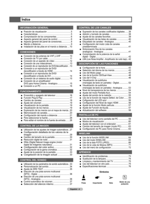 Page 87
Español - 4

Índice
INFORMACIÓN GENERAL
■ Posición de visualización .........................................5■ Características .........................................................5■ Comprobación de los componentes  .........................6■ Aspecto general del panel de control  .......................6■ Aspecto general del panel de conexiones  ................8■ Mando a distancia ....................................................9■ Instalación de las pilas en el mando a distancia  ....10...