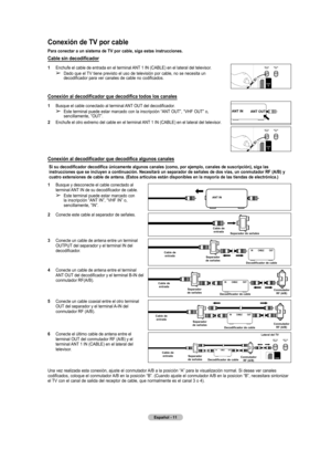 Page 94
Español - 11

Conexión de TV por cable
Para conectar a un sistema de TV por cable, siga estas instrucciones.
Cable sin decodificador
1  Enchufe el cable de entrada en el terminal ANT 1 IN (CABLE) en el lateral del televisor.
➢ Dado que el TV tiene previsto el uso de televisión por cable, no se necesita un 
decodificador para ver canales de cable no codificados.
Conexión al decodificador que decodifica todos los canales
1  Busque el cable conectado al terminal ANT OUT del decodificador.
➢ Este terminal...