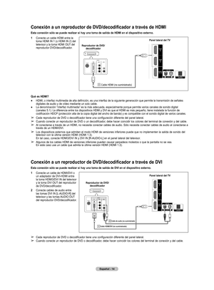 Page 97
Español - 14

Conexión a un reproductor de DVD/decodificador a través de DVI
Esta conexión sólo se puede realizar si hay una toma de salida de DVI en el dispositivo externo.
1  Conecte un cable de HDMI/DVI o un adaptador de DVI-HDMI entre la toma HDMI3/DVI IN del televisor 
y la toma DVI OUT del reproductor 
de DVD/decodificador.
2  Conecte cables de audio entre las tomas DVI IN [L-AUDIO-R] del 
televisor y las tomas AUDIO OUT 
del reproductor DVD/decodificador.
➢ Cada reproductor de DVD o decodificador...