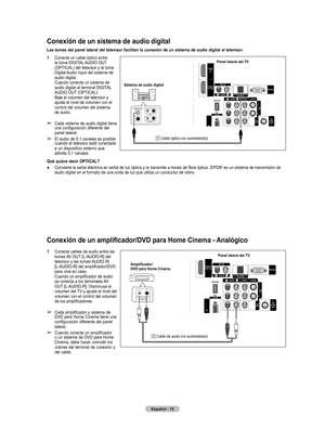 Page 98
Español - 15

Conexión de un sistema de audio digital
Las tomas del panel lateral del televisor facilitan la conexión de un sistema de audio digital al televisor.
1  Conecte un cable óptico entre la toma DIGITAL AUDIO OUT 
(OPTICAL) del televisor y la toma 
Digital Audio Input del sistema de 
audio digital.  Cuando conecte un sistema de 
audio digital al terminal DIGITAL 
AUDIO OUT (OPTICAL): 
 Baje el volumen del televisor y ajuste el nivel de volumen con el control del volumen del sistema de audio.
➢...