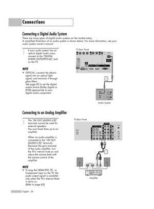 Page 26Connections
English - 26
Connecting a Digital Audio System
There are many types of digital audio systems on the market today.
A simplified illustration of an audio system is shown below. For more information, see your
audio system owner’s manual.
1
If your audio system has an
optical digital audio input,
connect to the “DIGITAL
AUDIO OUT(OPTICAL)” jack
on the TV.
NOTE
•OPTICAL: converts the electric
signal into an optical light 
signal, and transmits it through
glass fibers. 
See page 82 to set the...