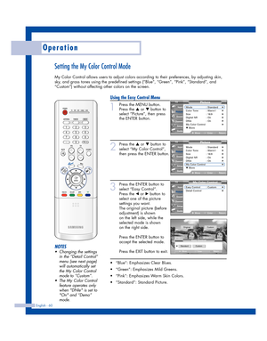 Page 60Operation
Setting the My Color Control Mode
My Color Control allows users to adjust colors according to their preferences, by adjusting skin,
sky, and grass tones using the predefined settings (“Blue”, “Green”, “Pink”, “Standard”, and
“Custom”) without affecting other colors on the screen.
Using the Easy Control Menu
1
Press the MENU button.
Press the 
…or †button to
select “Picture”, then press
the ENTER button.
2
Press the …or †button to
select “My Color Control”,
then press the ENTER button.
3
Press...