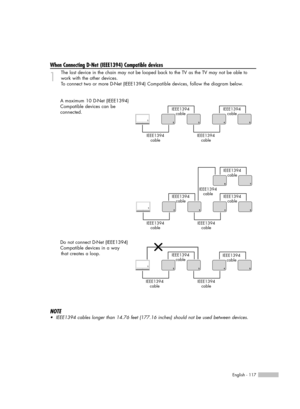 Page 117English - 117
When Connecting D-Net (IEEE1394) Compatible devices
1
The last device in the chain may not be looped back to the TV as the TV may not be able to
work with the other devices.
To connect two or more D-Net (IEEE1394) Compatible devices, follow the diagram below.
A maximum 10 D-Net (IEEE1394)
Compatible devices can be 
connected.
Do not connect D-Net (IEEE1394)
Compatible devices in a way 
that creates a loop.
NOTE
•IEEE1394 cables longer than 14.76 feet (177.16 inches) should not be used...