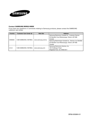 Page 160BP68-00588H-01
Contact SAMSUNG WORLD-WIDE
If you have any questions or comments relating to Samsung products, please contact the SAMSUNG 
customer care center.
Country
CANADA
U.S.A
Customer Care Center 
1-800-SAMSUNG (7267864)
1-800-SAMSUNG (7267864)
Web Site
www.samsung.com/ca
www.samsung.com
Address
Samsung Electronics Canada Inc., Customer Service
55 Standish Court Mississauga, Ontario L5R 4B2
Canada
Samsung Electronique Canada Inc., Service à la Clientèle
55 Standish Court Mississauga, Ontario L5R...