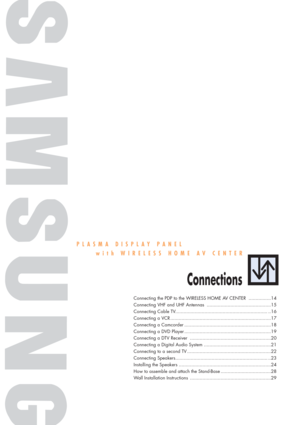 Page 13PLASMA DISPLAY PANEL
with WIRELESS HOME AV CENTER
Connections
Connecting the PDP to the WIRELESS HOME AV CENTER ................14
Connecting VHF and UHF Antennas ..............................................15
Connecting Cable TV.................................................................. ..16
Connecting a VCR ........................................................................17
Connecting a Camcorder ..............................................................18
Connecting a DVD Player...