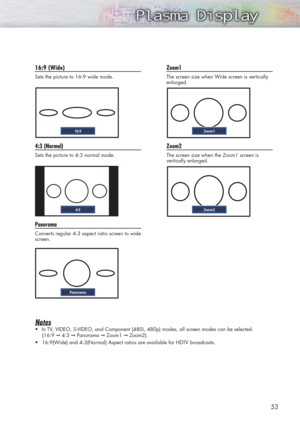 Page 5353
Notes
•In TV, VIDEO, S-VIDEO, and Component (480i, 480p) modes, all screen modes can be selected.
(16:9 
➞4:3 ➞Panorama ➞Zoom1 ➞Zoom2).
•16:9(Wide) and 4:3(Normal) Aspect ratios are available for HDTV broadcasts.
16:9 (W 16:9 (W
ide) ide)
Sets the picture to 16:9 wide mode.
4:3 (Normal)
Sets the picture to 4:3 normal mode.
Panorama
Converts regular 4:3 aspect ratio screen to wide
screen.
Zoom1
The screen size when Wide screen is vertically
enlarged.
Zoom2
The screen size when the Zoom1 screen is...